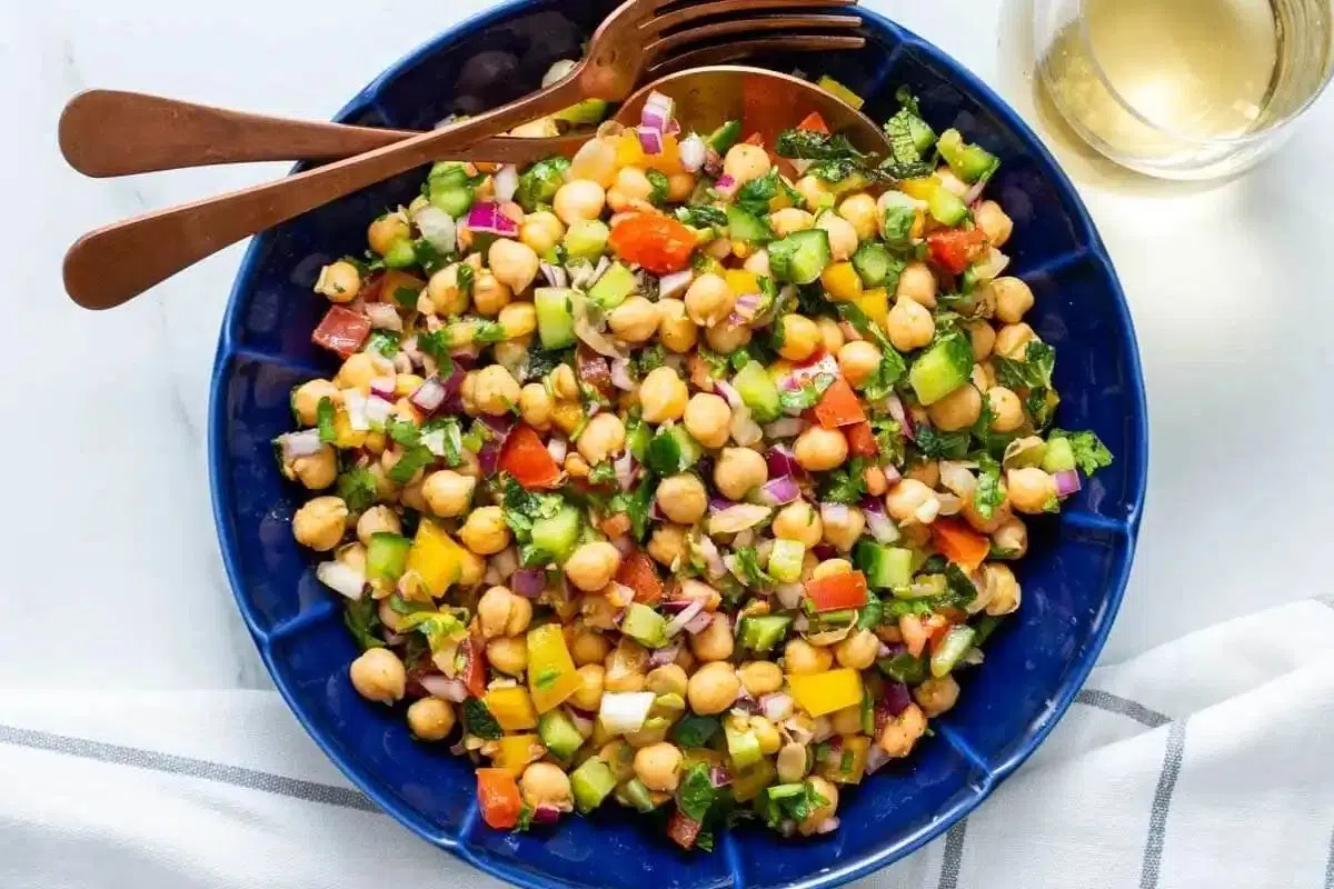 Indian Chickpea Salad served in a bowl.