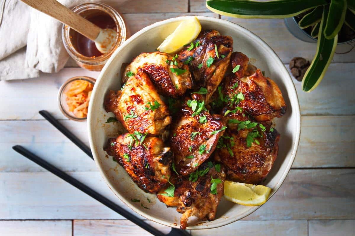 Overhead shot of Korean Kimchi Chicken.
