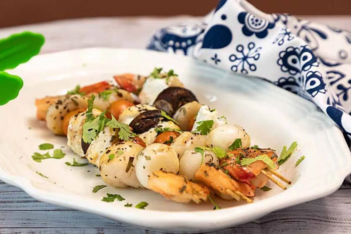 Mixed Seafood Kabobs served on a plate.