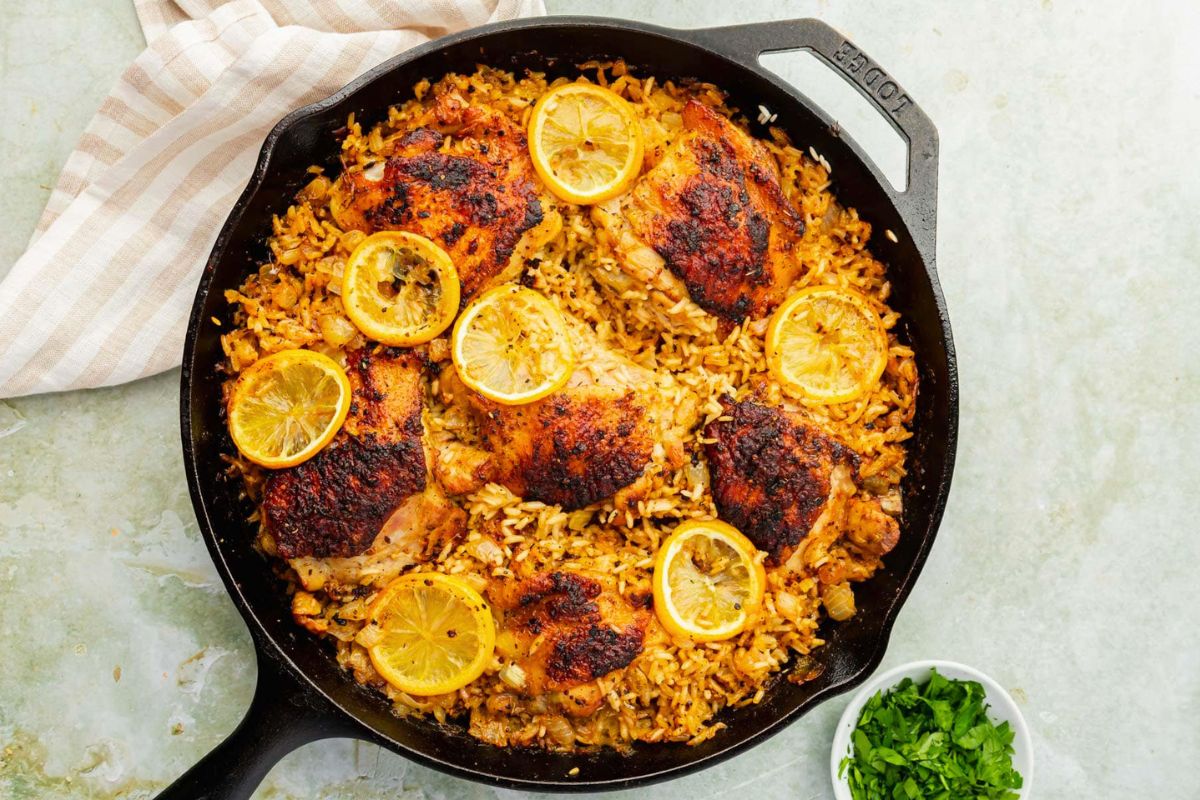 One Pot Chicken and Rice in a pan.