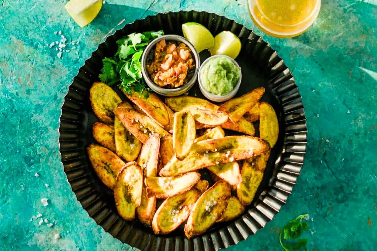 Oven Baked Plantain Chips with dipping sauce.