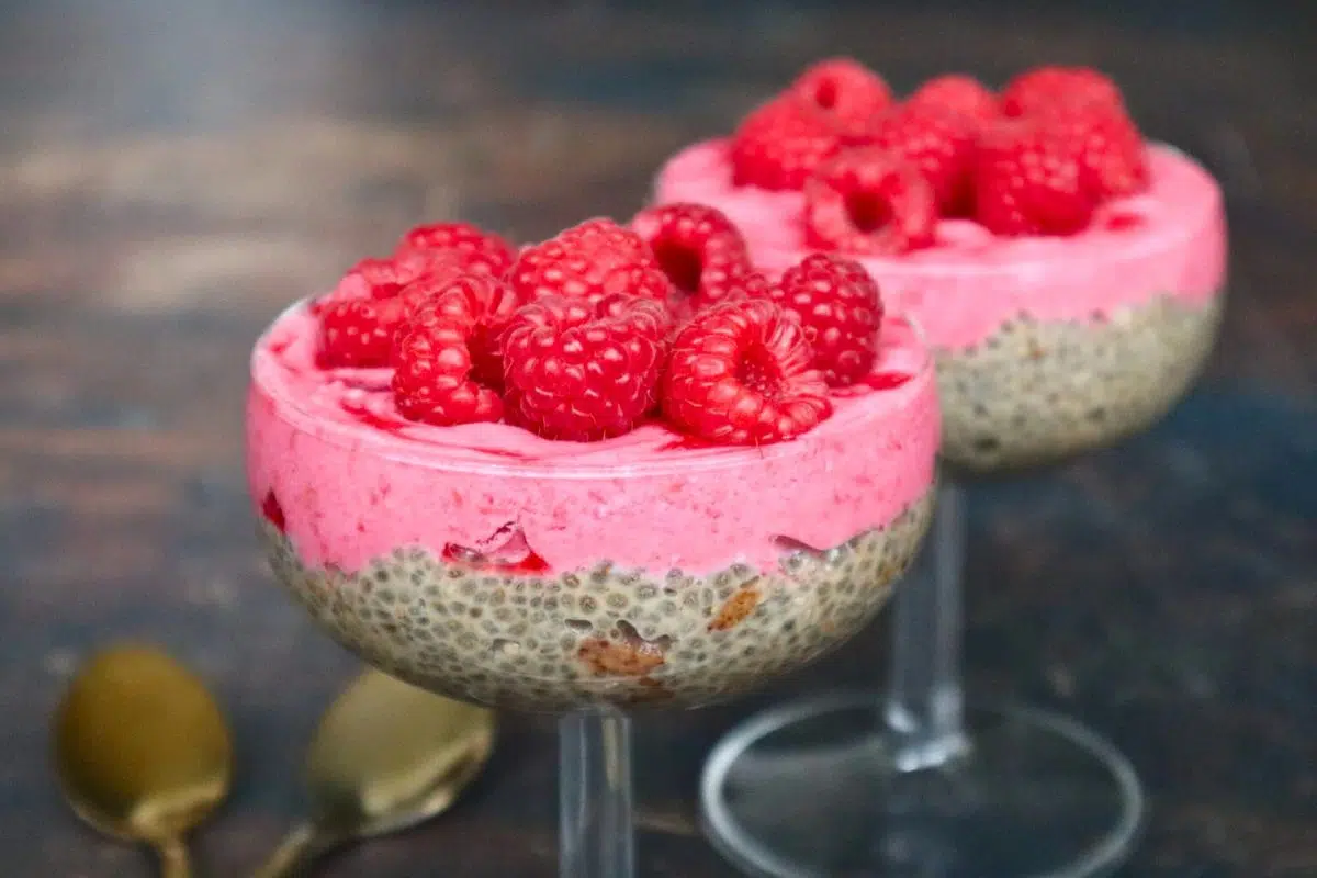 Overnight Chia Pudding topped with raspberries.