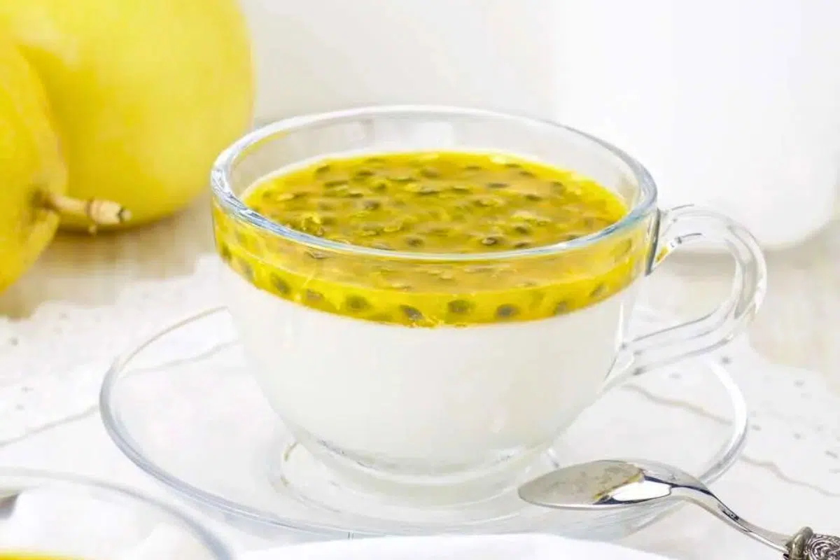 Passion Fruit Panna Cotta in a cup.