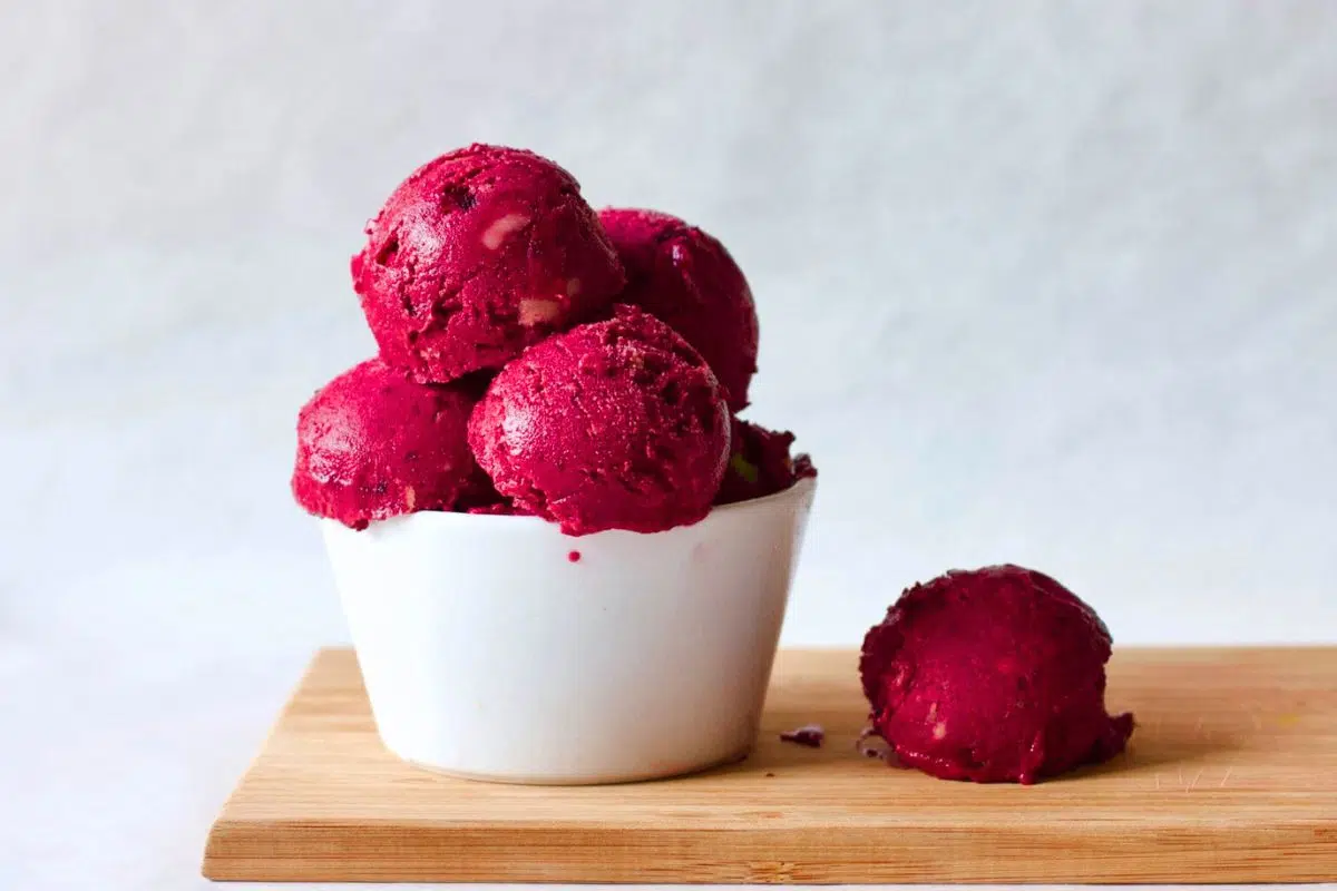 Red Beet Vegan Ice Cream served in a bowl.