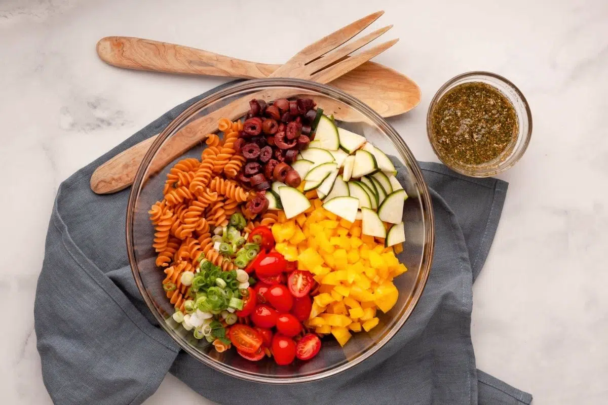 A bowl of Red Lentil Pasta Salad.