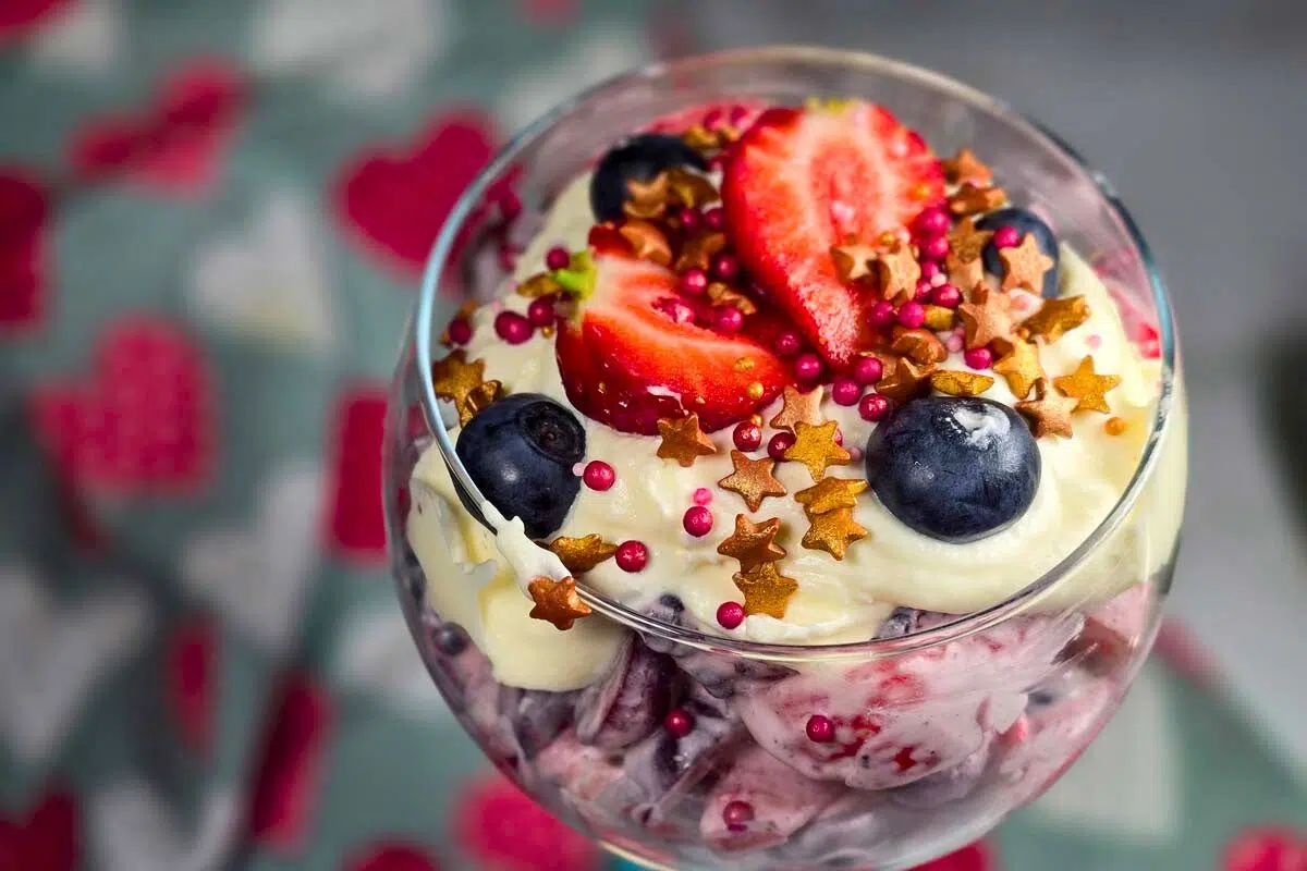 Romanian Summer Fruit Salad in a glass.