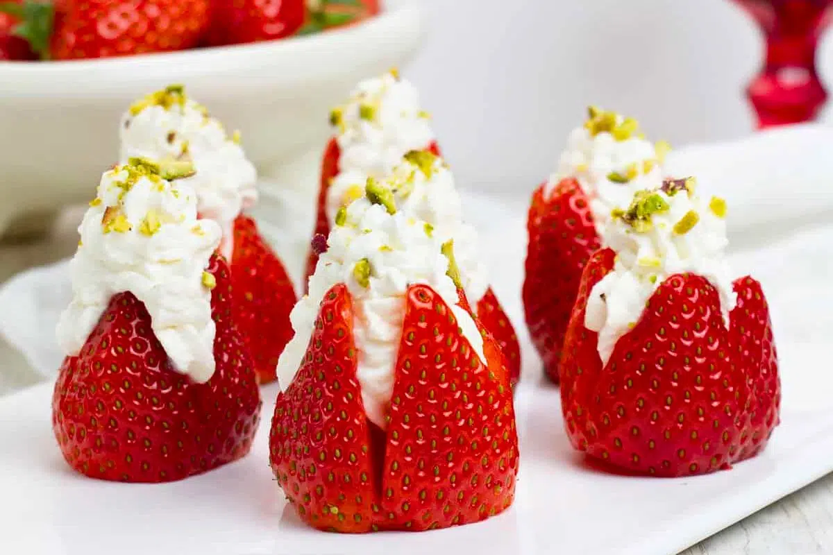 Simple Whipped Mascarpone Stuffed Strawberries close up look.