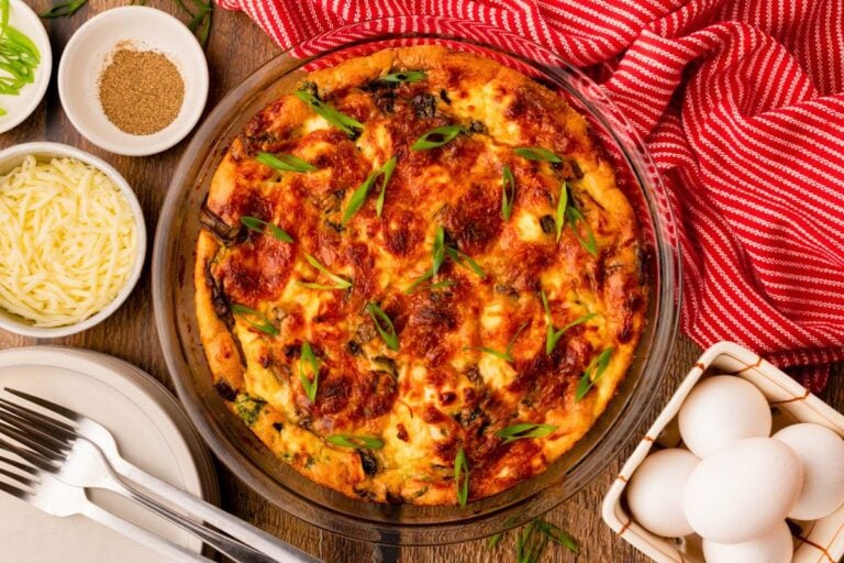 Spinach Mushroom Quiche overhead view.