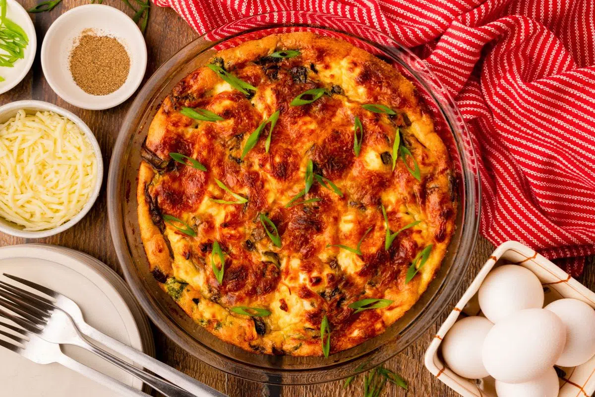 Spinach Mushroom Quiche overhead view.