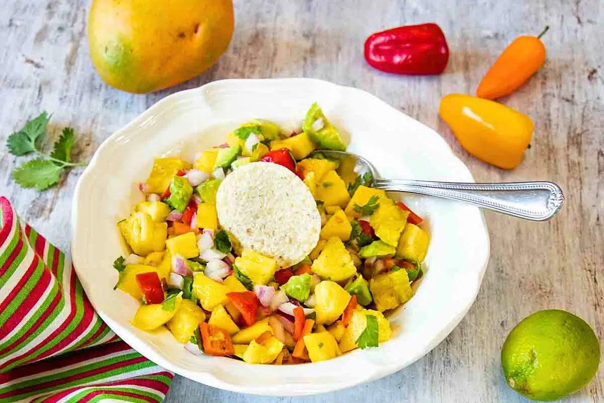 Tangy Mango Pineapple Salsa in a bowl.