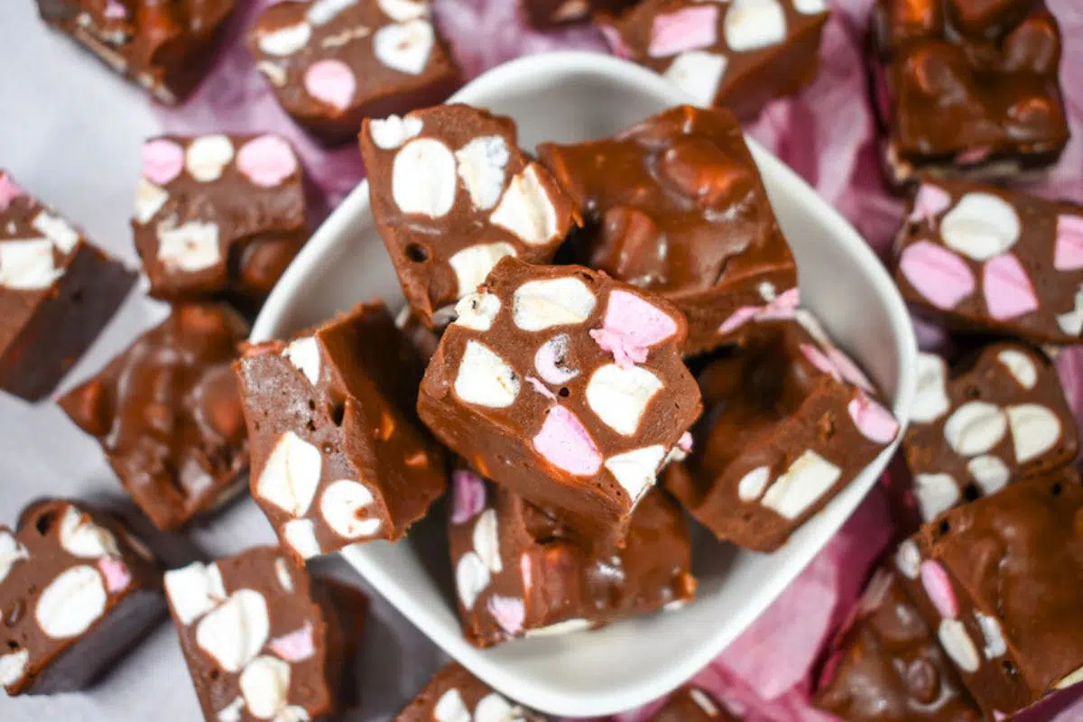 Three Ingredient Fudge loaded with marshmallows.
