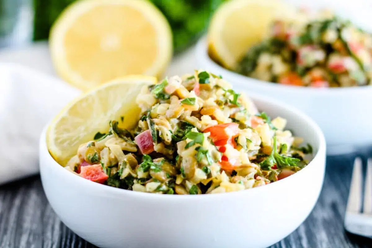 Vegan Buddha Bowl with Lemon Tahini Dressing close up look.