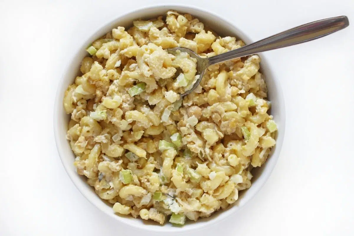 A bowl of Vegan Tuna Pasta Salad.