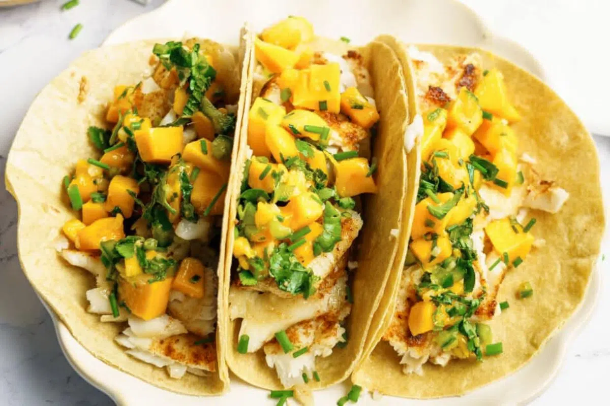 White Fish Tacos with Mango Mint Salsa close up look.