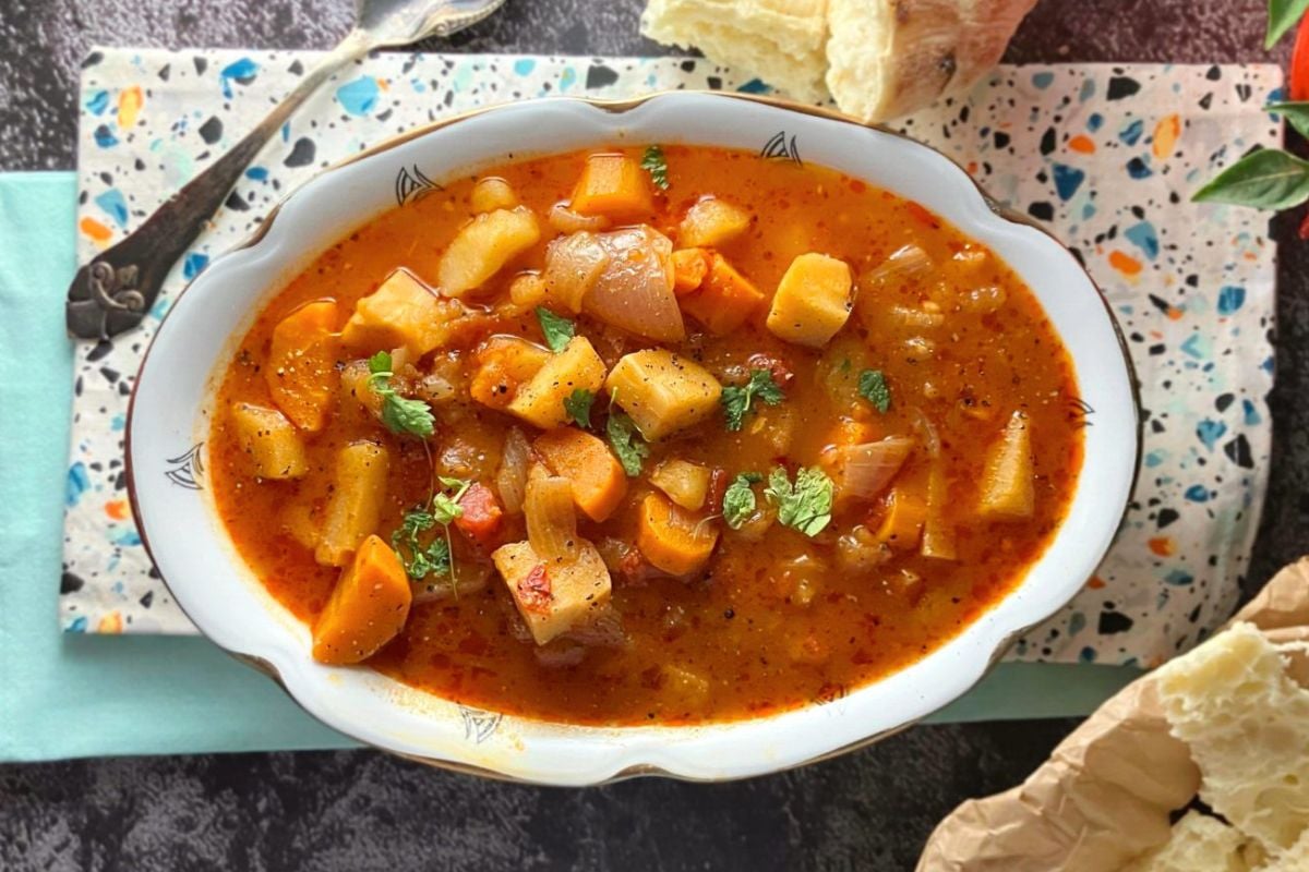 A bowl of Winter Vegetable Paprika Stew.