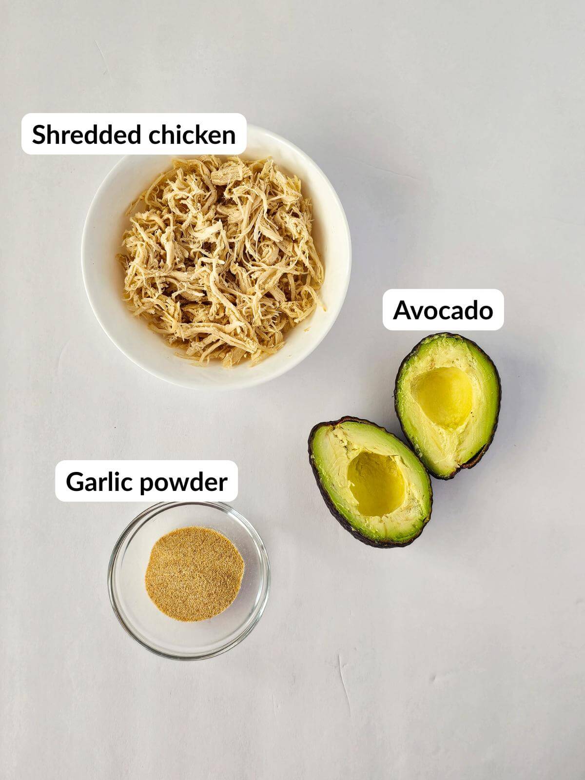 Ingredients for making avocado chicken salad.