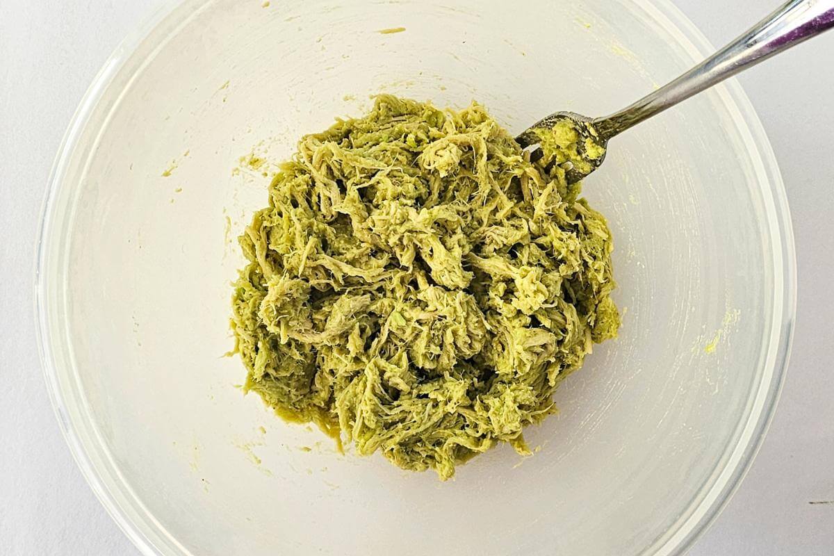 Avocado chicken salad in a bowl.