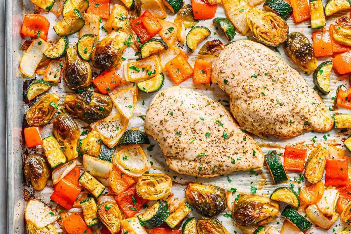 A sheet pan full of chicken and veggies.