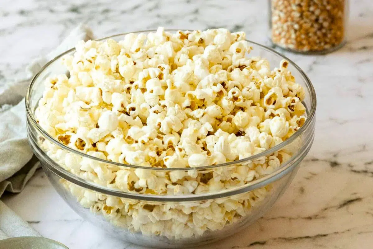Air Fryer Popcorn served in a glass bowl.