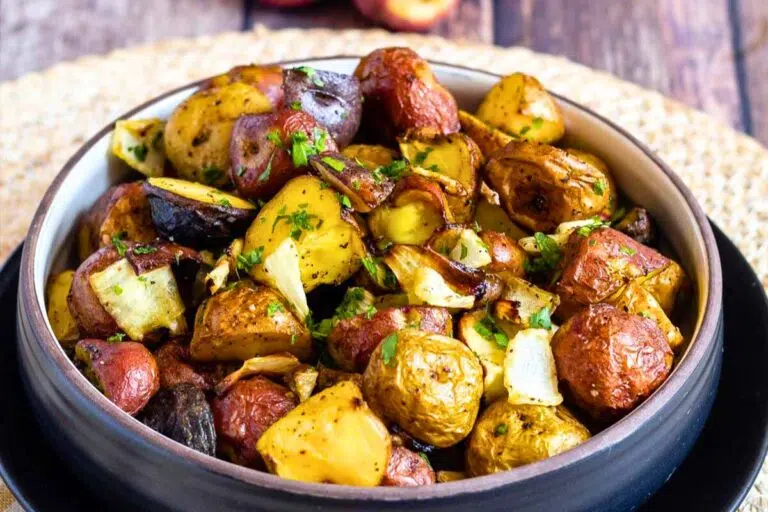 Air Fryer Potatoes and Onions close up look.