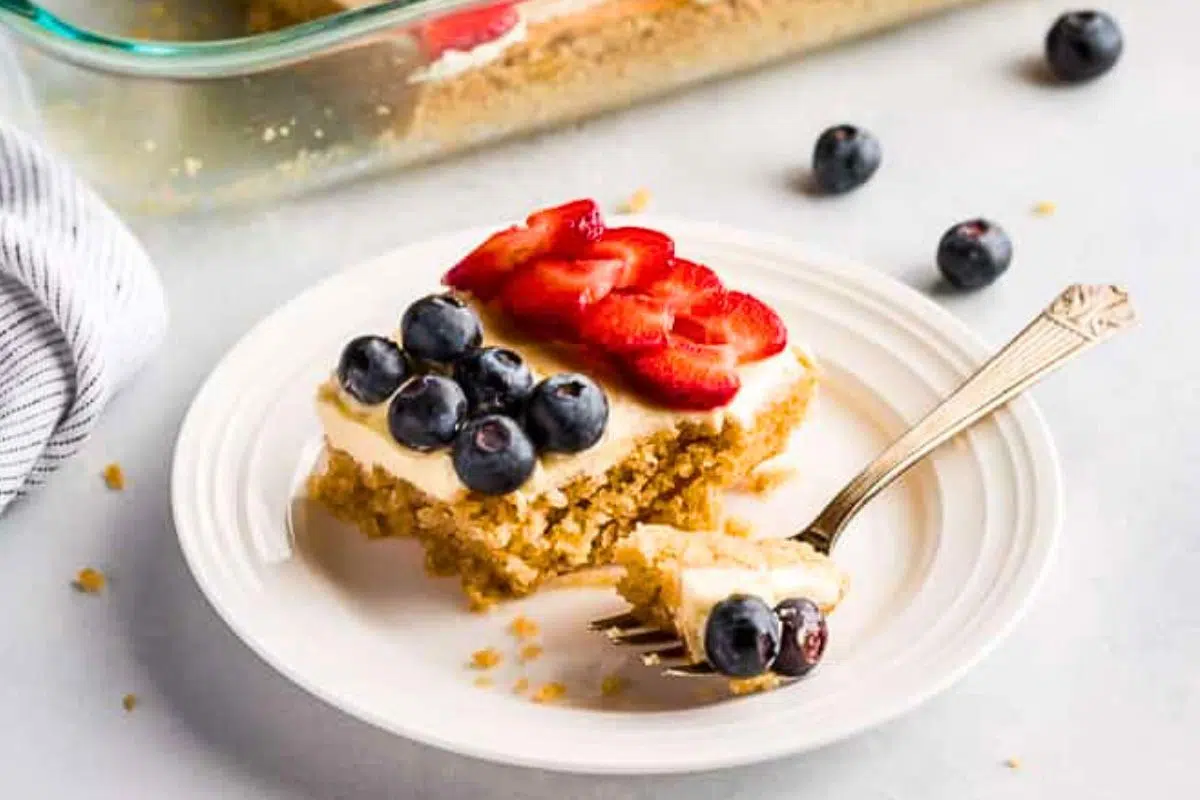 American Flag Cake served on a plate.