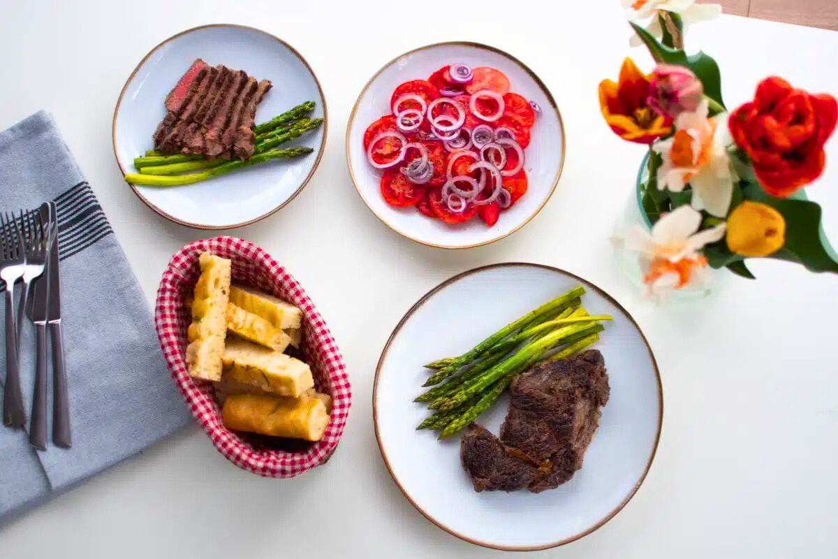 Beef Tenderloin with Asparagus overhead view.