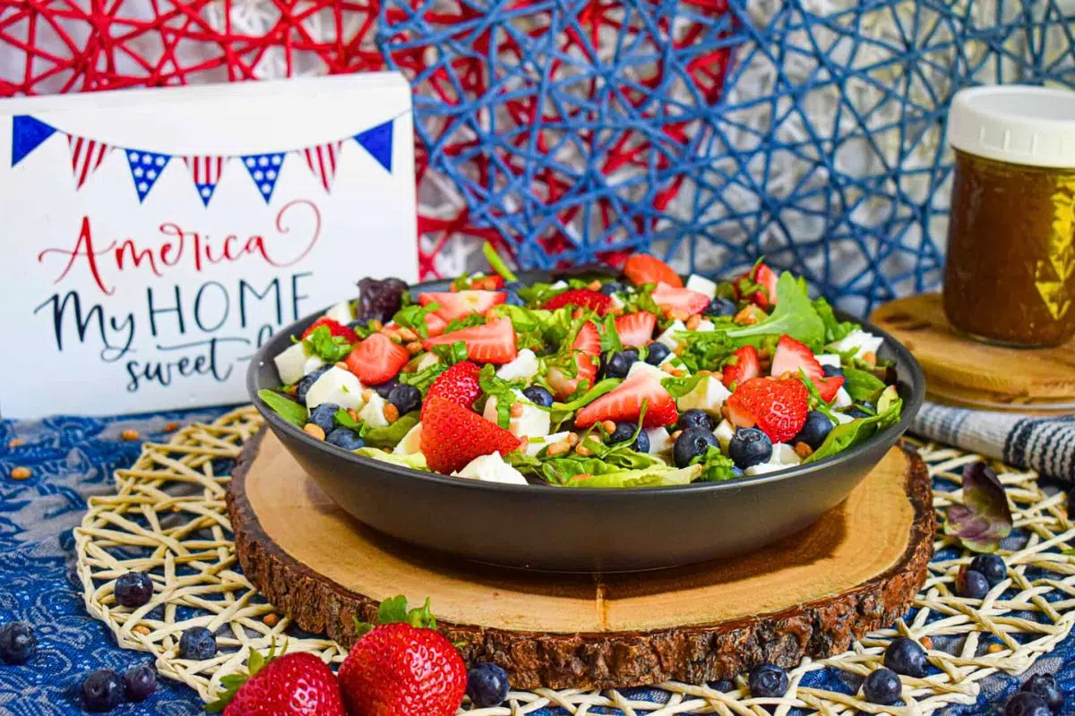Berry Caprese Salad served in a bowl.