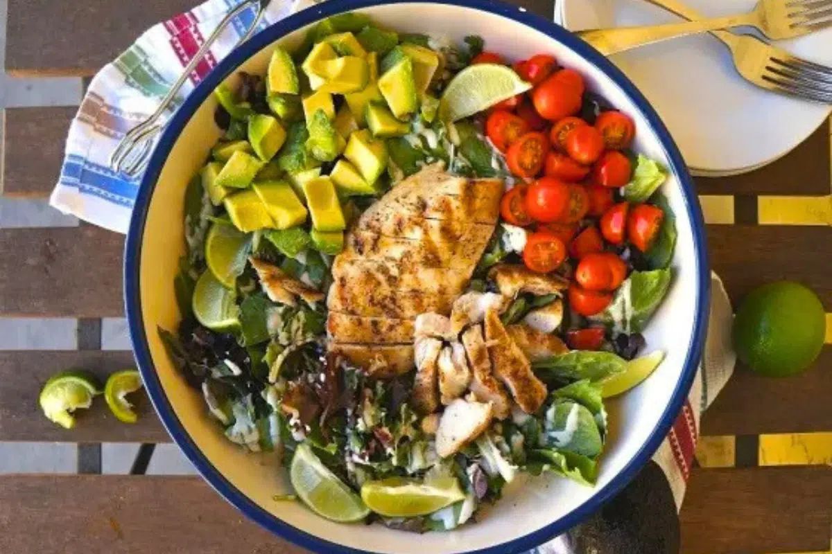 California Grilled Chicken Avocado Salad overhead view.
