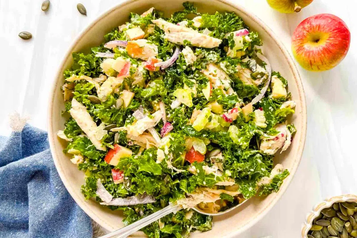 Chicken Kale Salad served in a bowl.