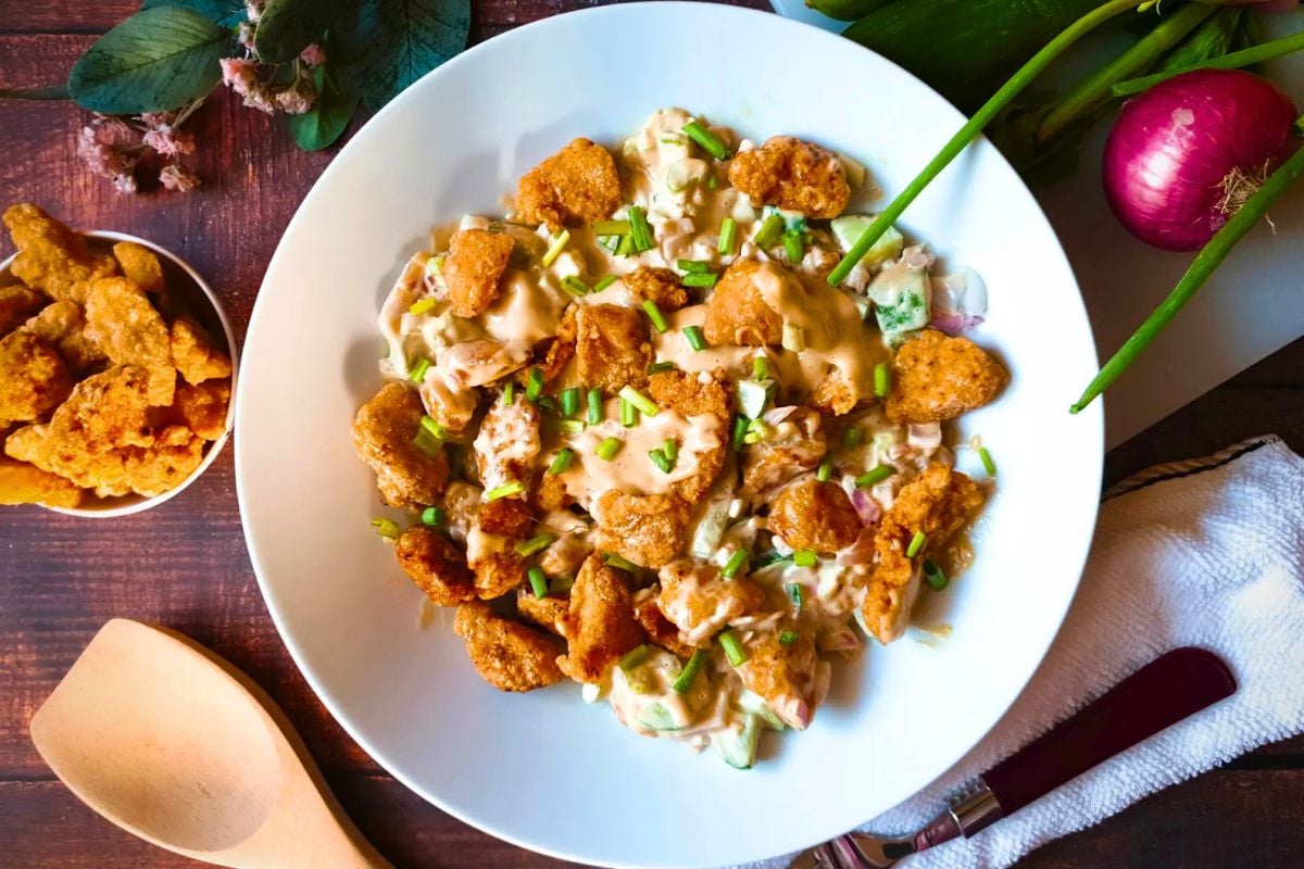 Chicken Salad with Fried Chicken overhead view.