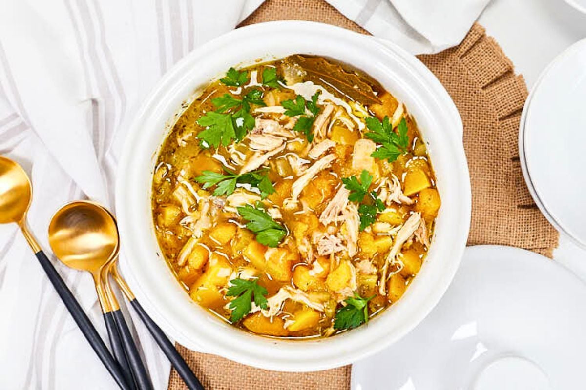 Chicken Soup with Butternut Squash overhead view.