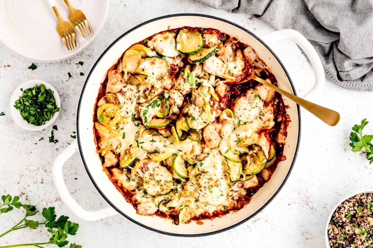 Chicken Zucchini Casserole overhead view.