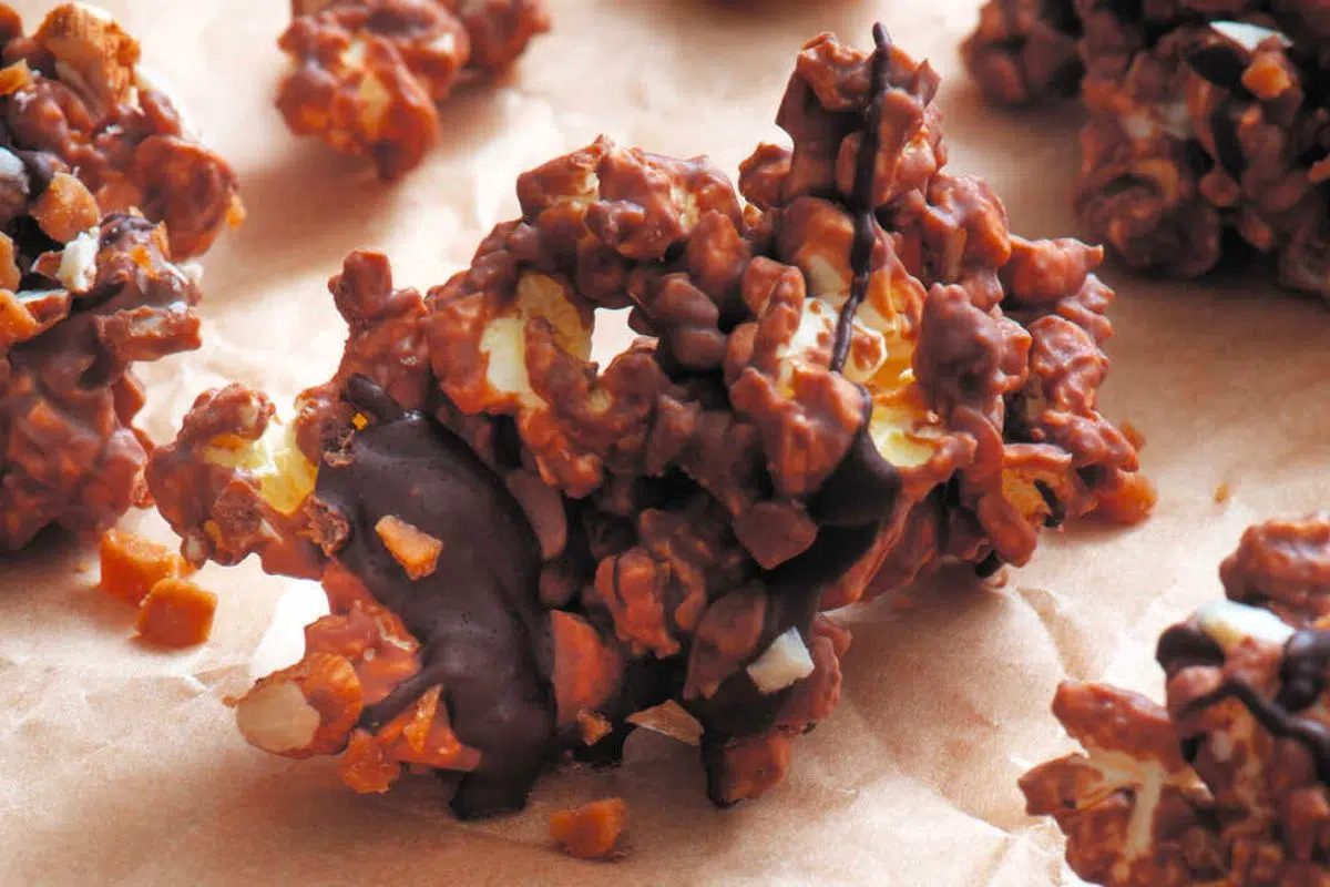 Chocolate Toffee Almond Popcorn close up look.
