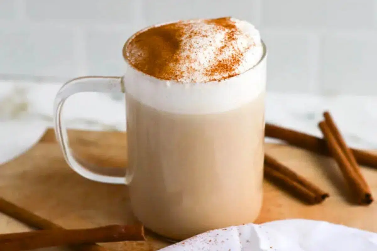 Copycat Starbucks Chai Tea Latte topped with cinnamon powder.