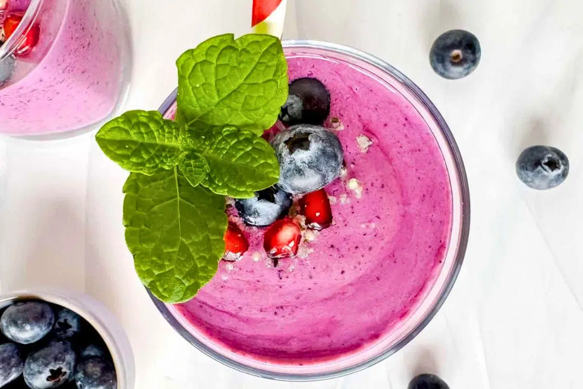 Cottage Cheese Fruit Smoothie overhead view.