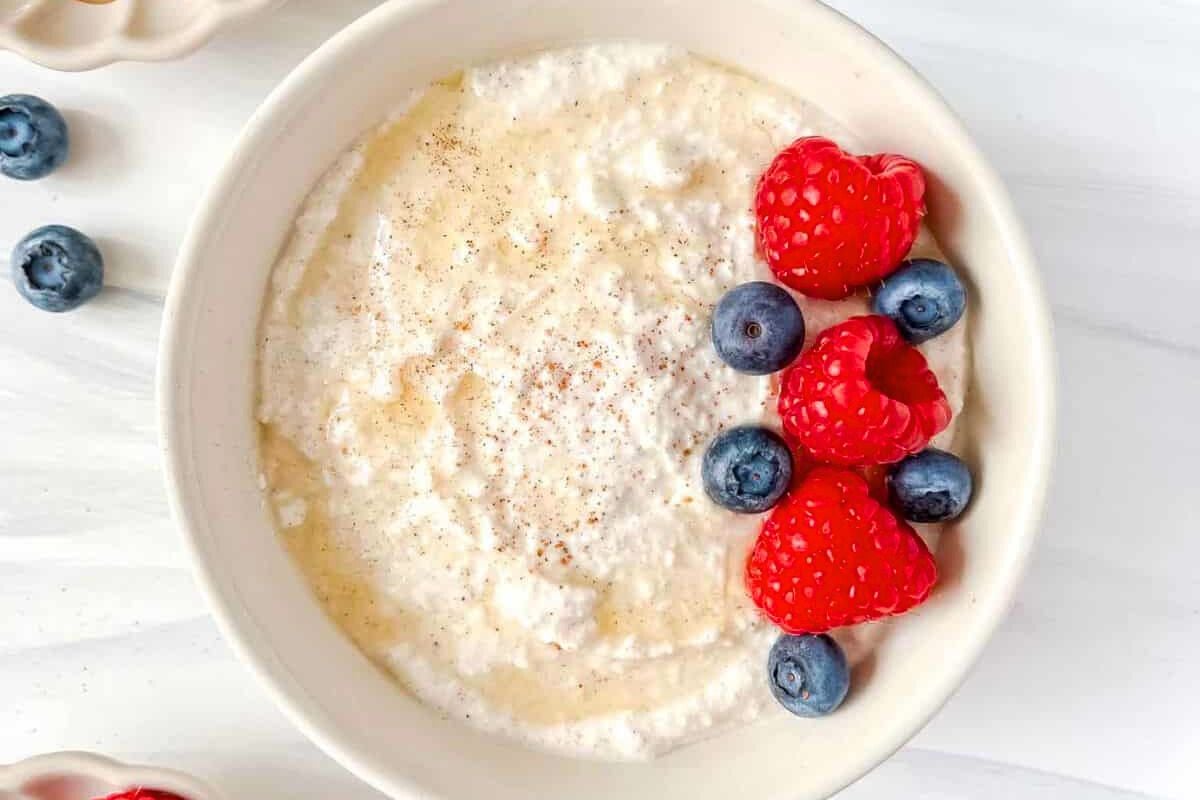 Cottage Cheese and Honey Dip topped with berries.