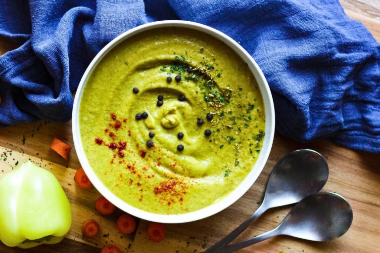 Cream of Green Vegetable Soup topped with spices.