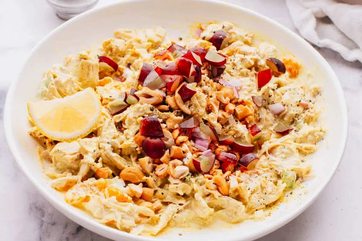 Curry Chicken Salad with Grapes served on a plate.