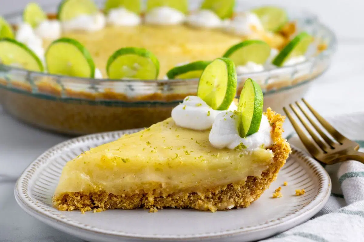 A slice of Dairy-Free Key Lime Pie served on a plate.
