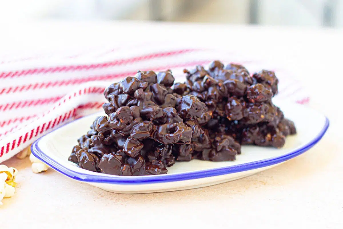 Dark Chocolate Popcorn Bombs served on a plate.