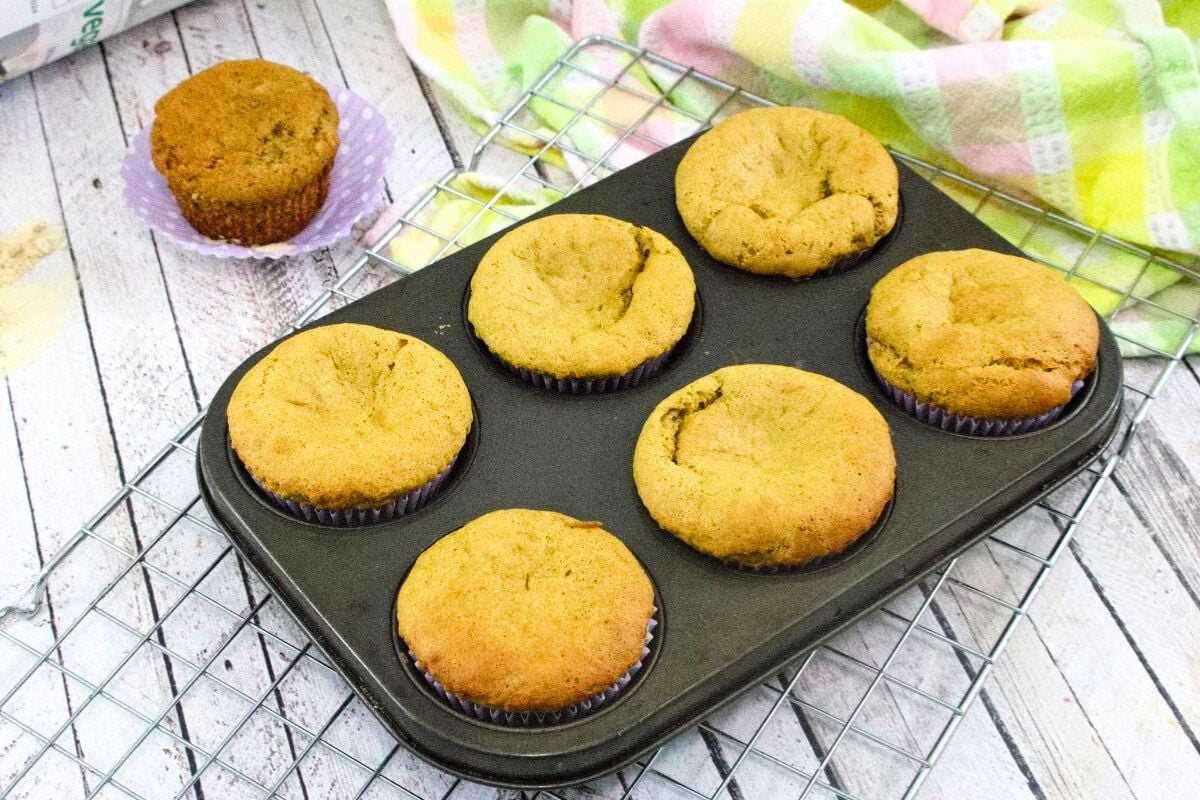 Flourless Peanut Butter Protein Muffins in a baking pan.