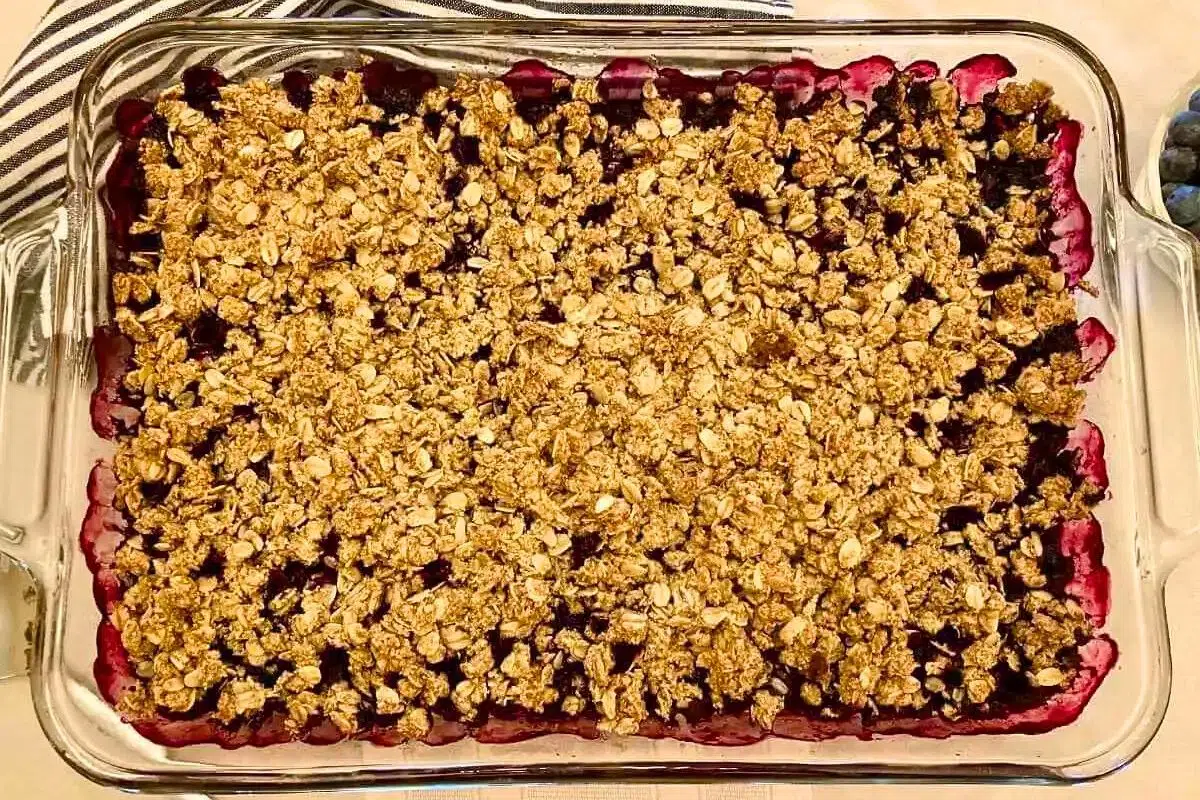 Gluten-Free Blueberry Crisp in a baking dish.
