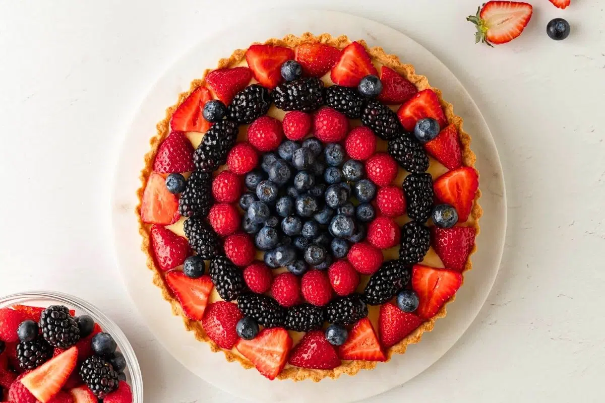 Gluten-Free Fruit Tart With Vanilla Pastry Cream overhead view.