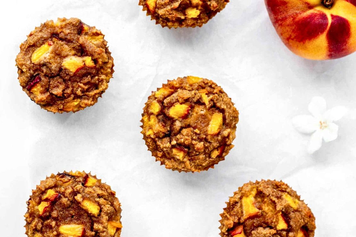 Gluten-Free Peach Muffins overhead view.