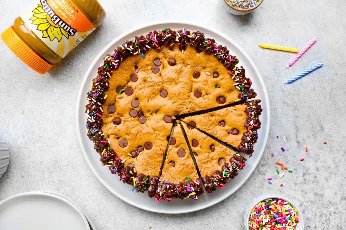 Gluten-Free Vegan Cookie Cake overhead view.