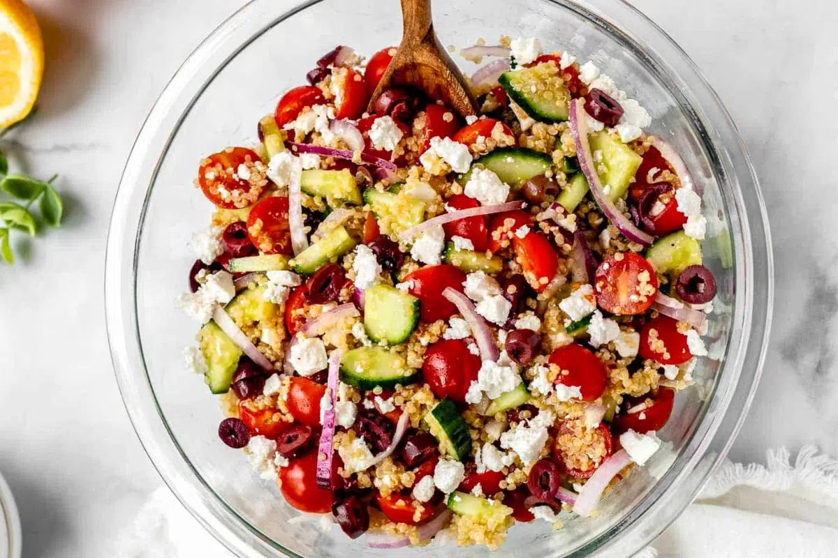 Greek Quinoa Salad in a bowl.