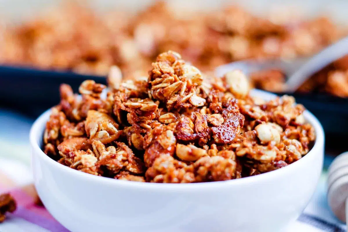 A bowl of Honey Nut Granola in a bowl.