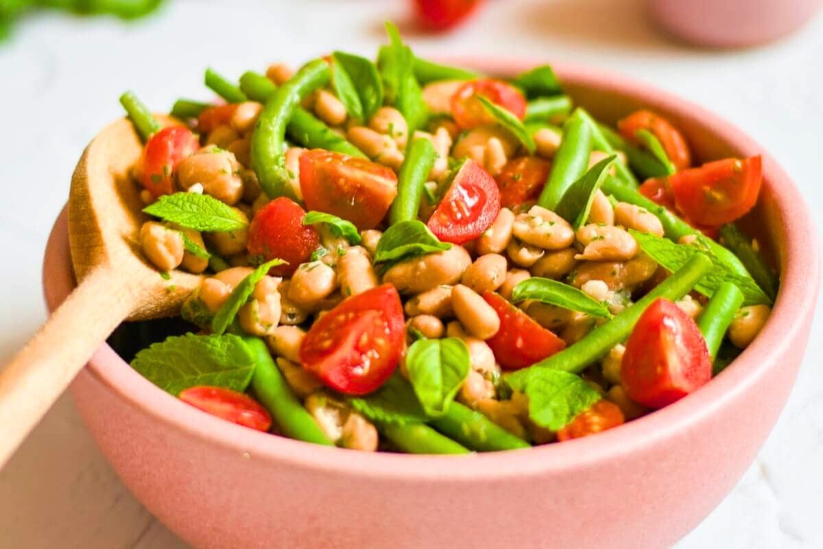 Mediterranean Bean Salad served in a bowl.