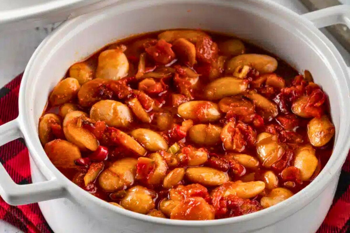 Oven-Baked Greek Giant Beans in a pot.