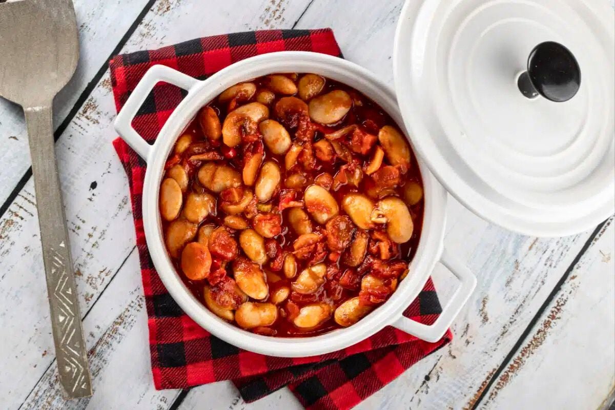 Oven-Baked Greek Giant Beans in a pot.